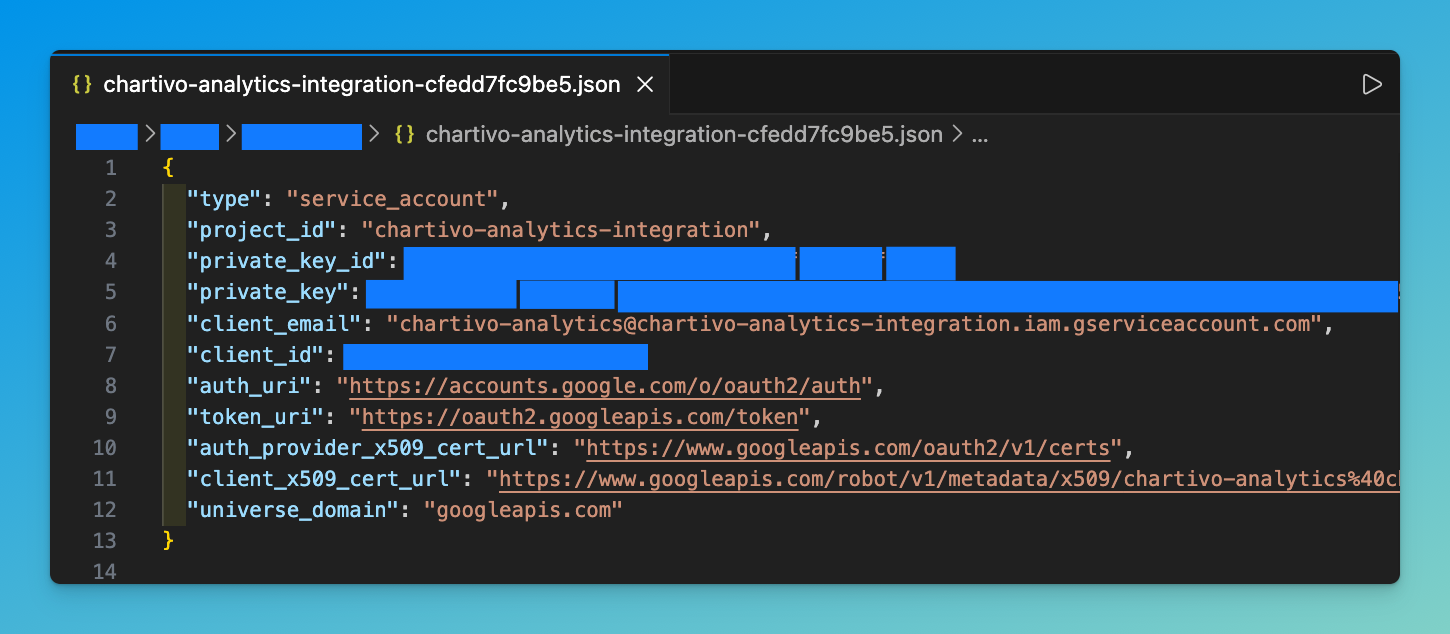 Example for the service account JSON key file that got downloaded