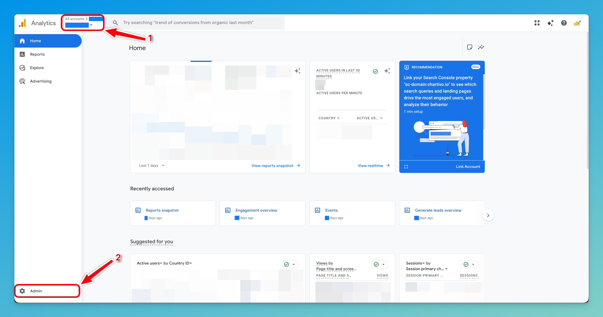 Google Analytics 4 interface with Admin gear icon highlighted in bottom left navigation