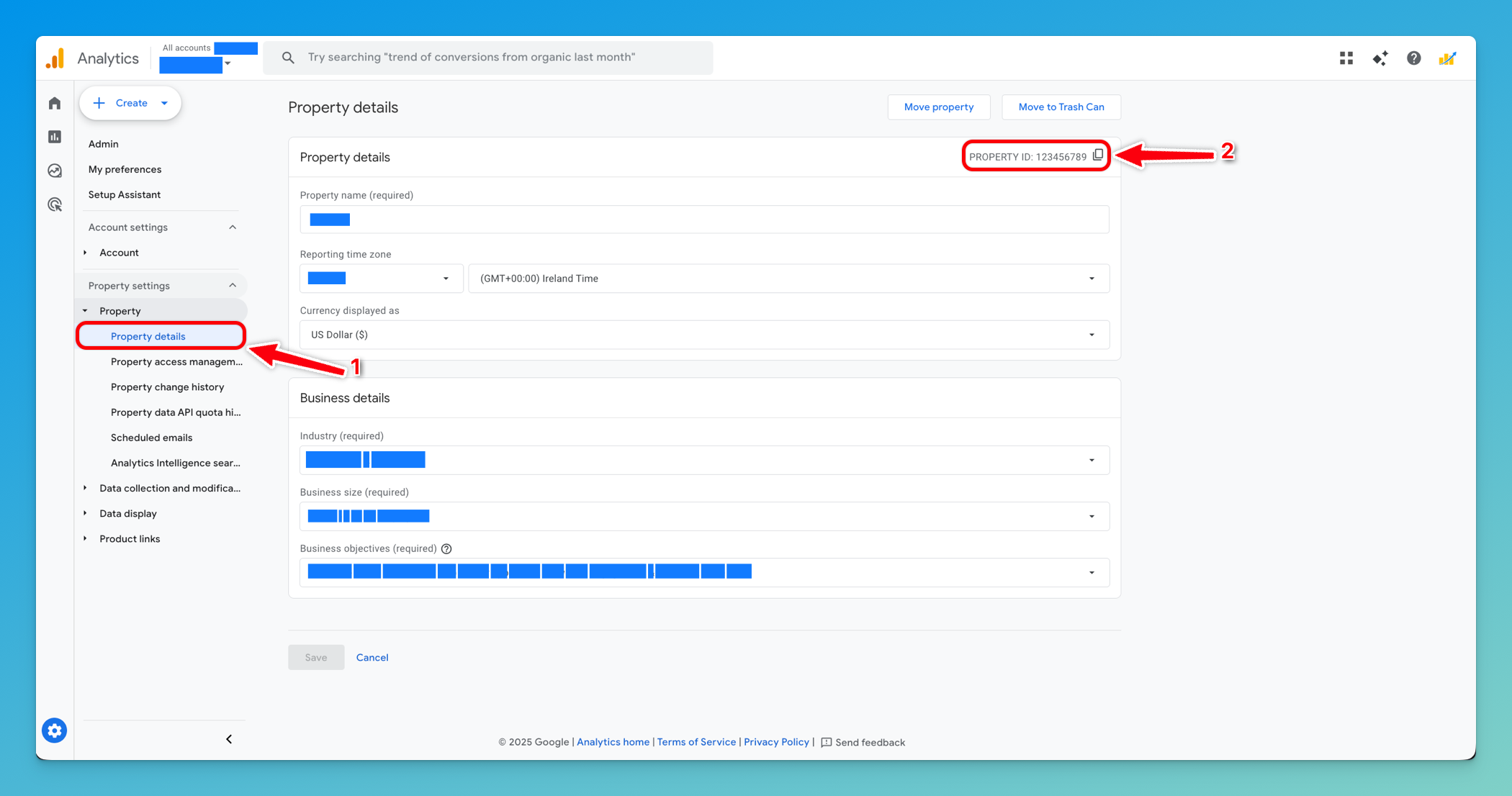 Google Analytics 4 Property details page showing the Property ID numeric value