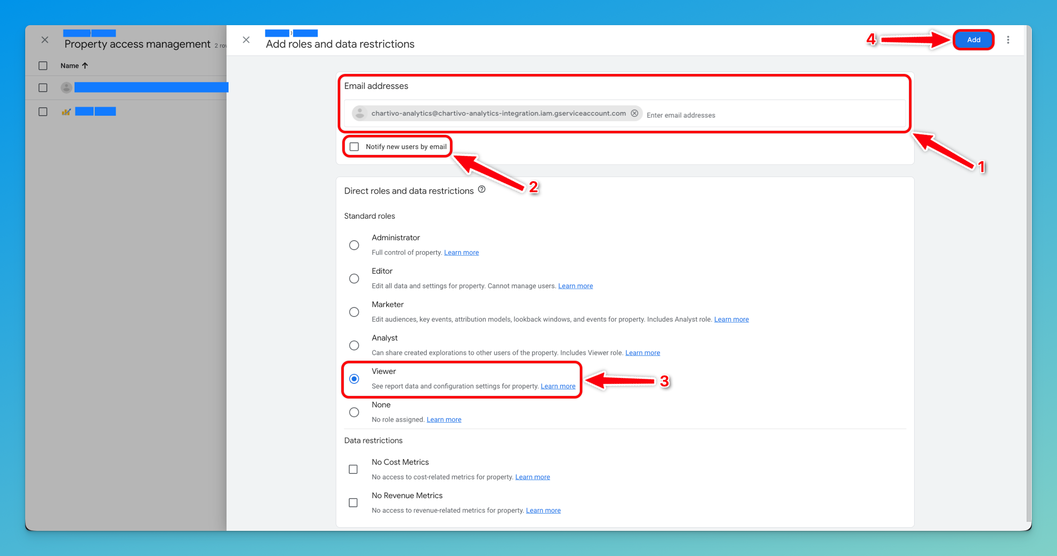 Add users dialog with service account email, Viewer role selected, and email notification unchecked