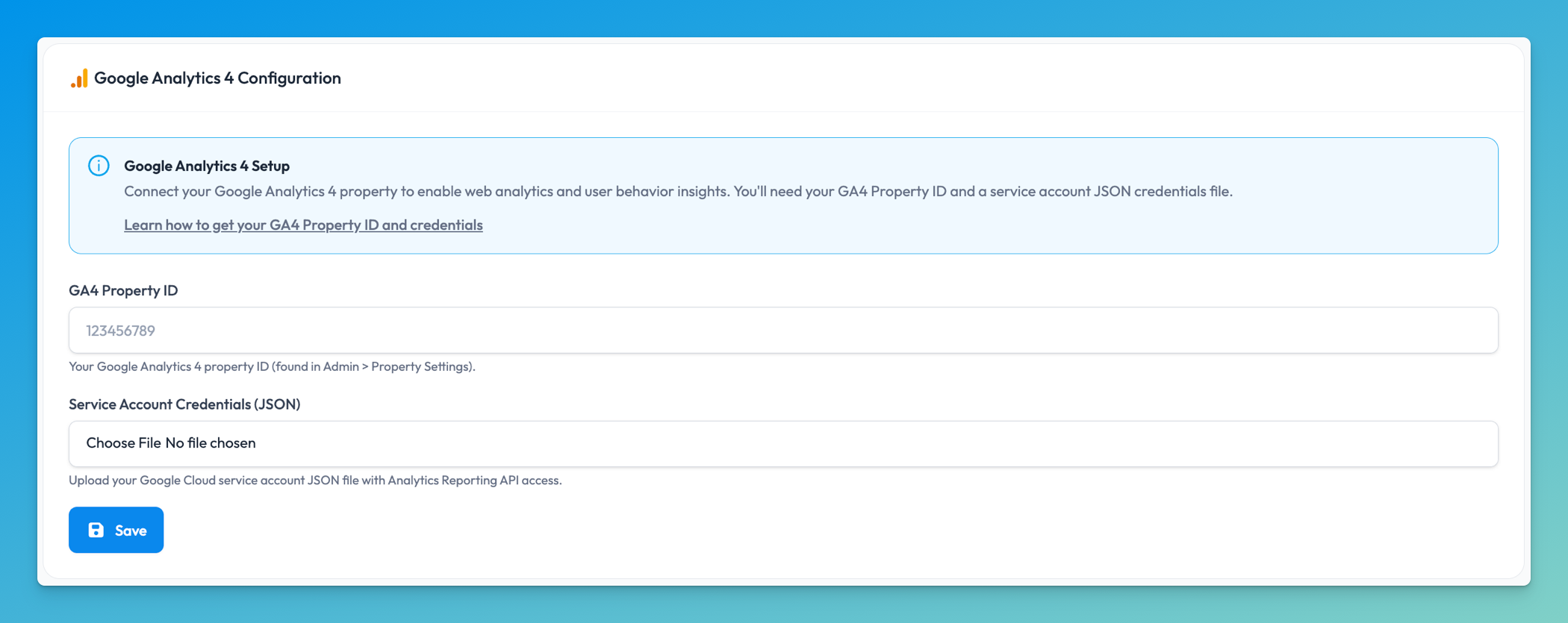 Chartivo Integrations page showing Google Analytics Configuration card
