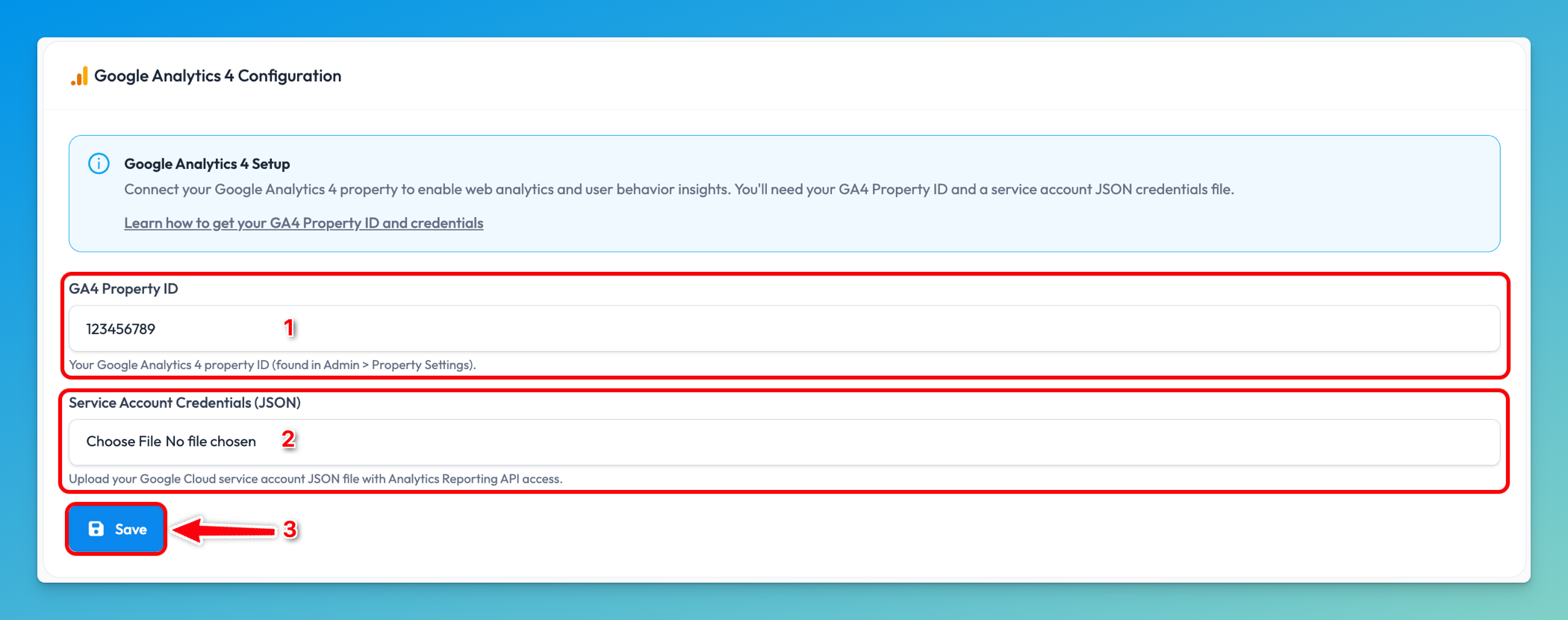 Chartivo Google Analytics configuration form with Property ID and JSON file filled in, ready to save