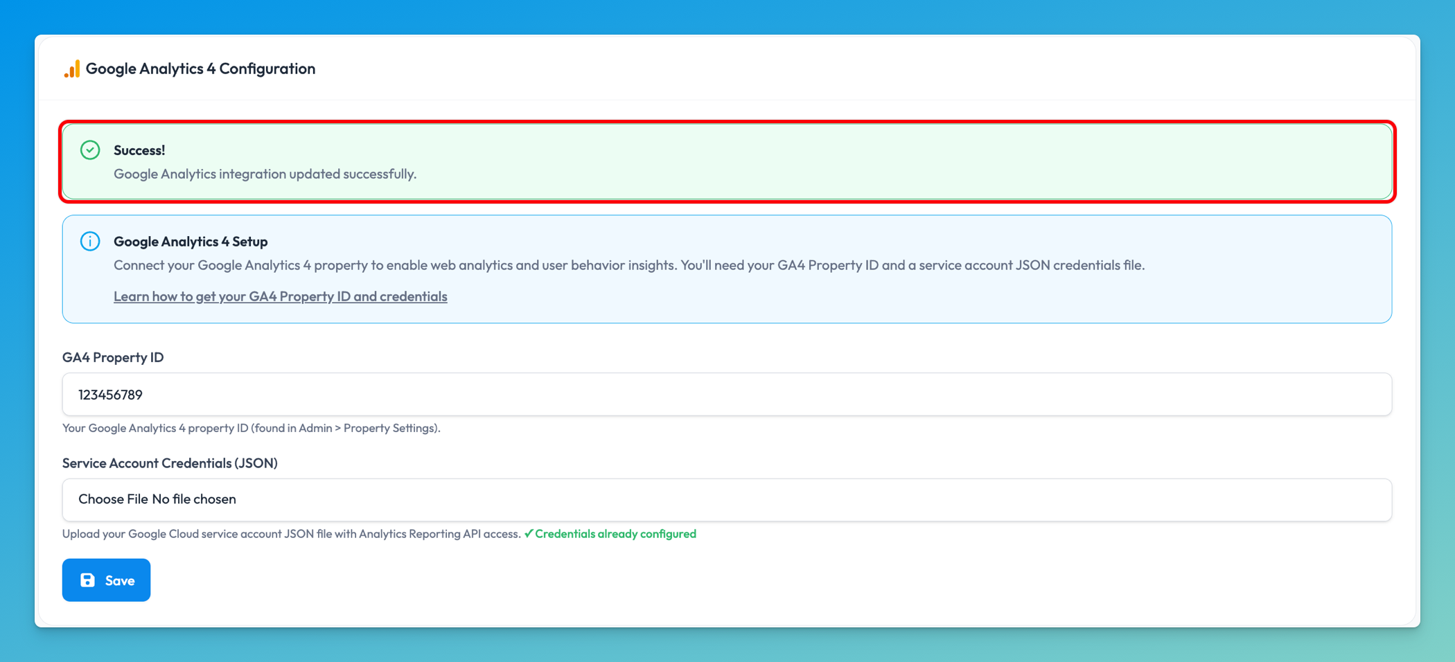 Green success banner showing Google Analytics integration created successfully