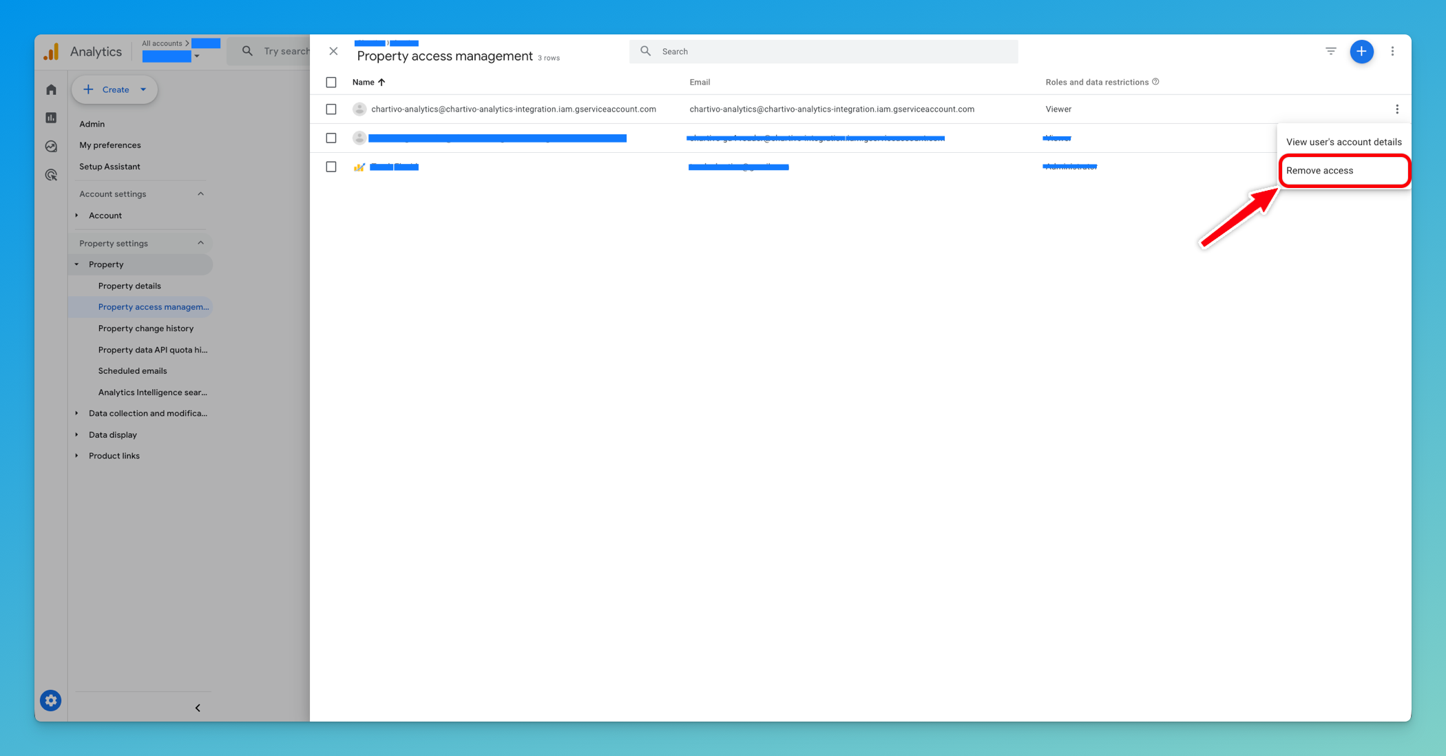 Google Analytics Property Access Management showing how to remove service account access with three-dot menu
