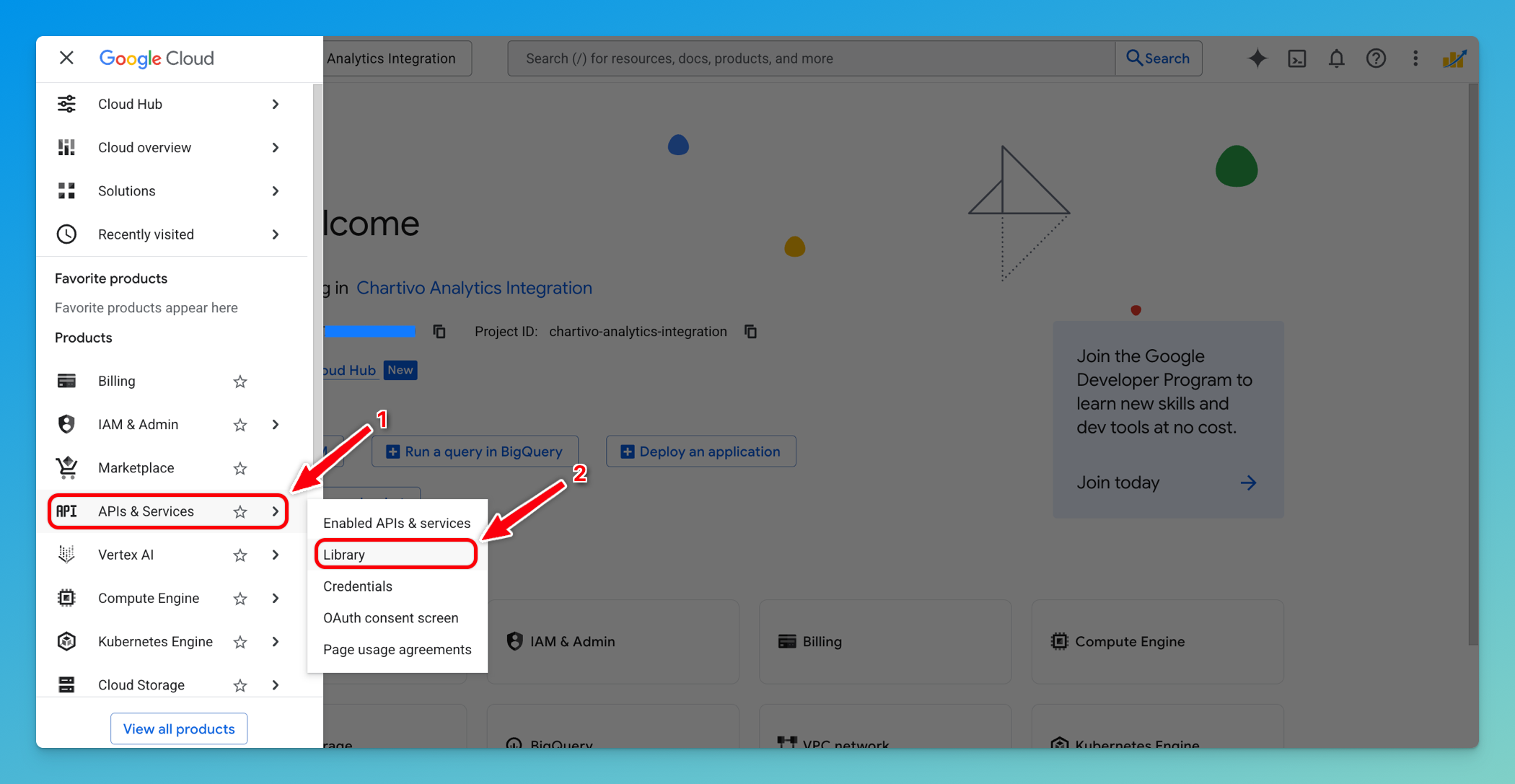 Google Cloud Console navigation menu with APIs & Services and Library highlighted