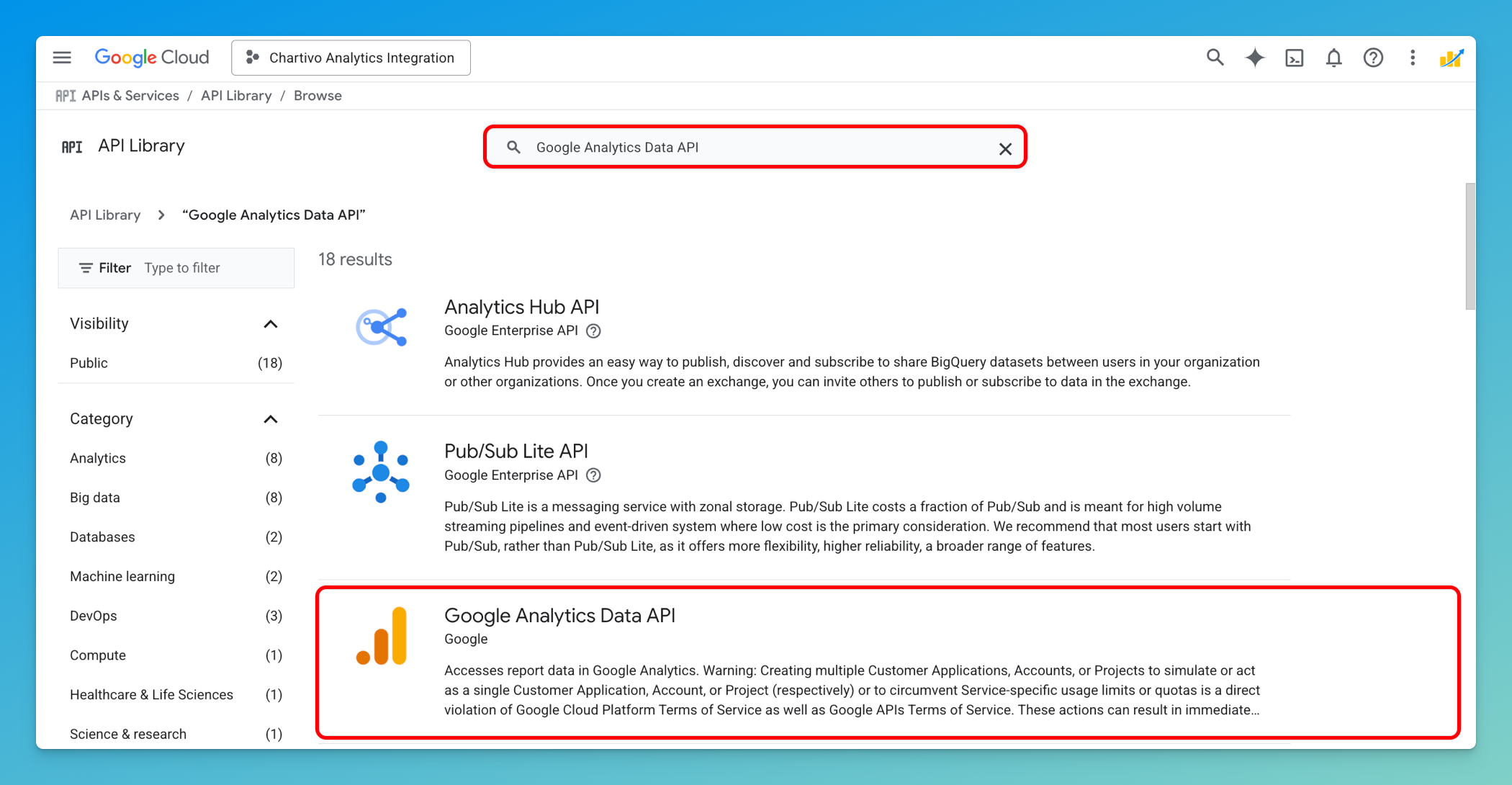 Google Cloud API Library search results showing Google Analytics Data API