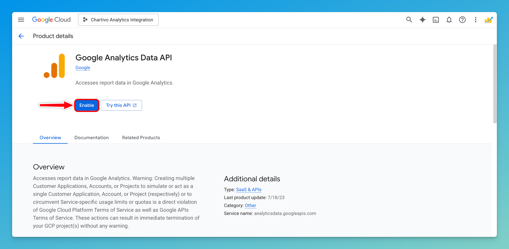 Google Analytics Data API page with blue Enable button