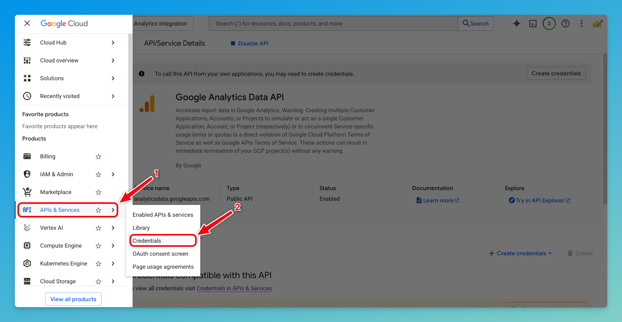 Google Cloud navigation menu showing "Credentials" button