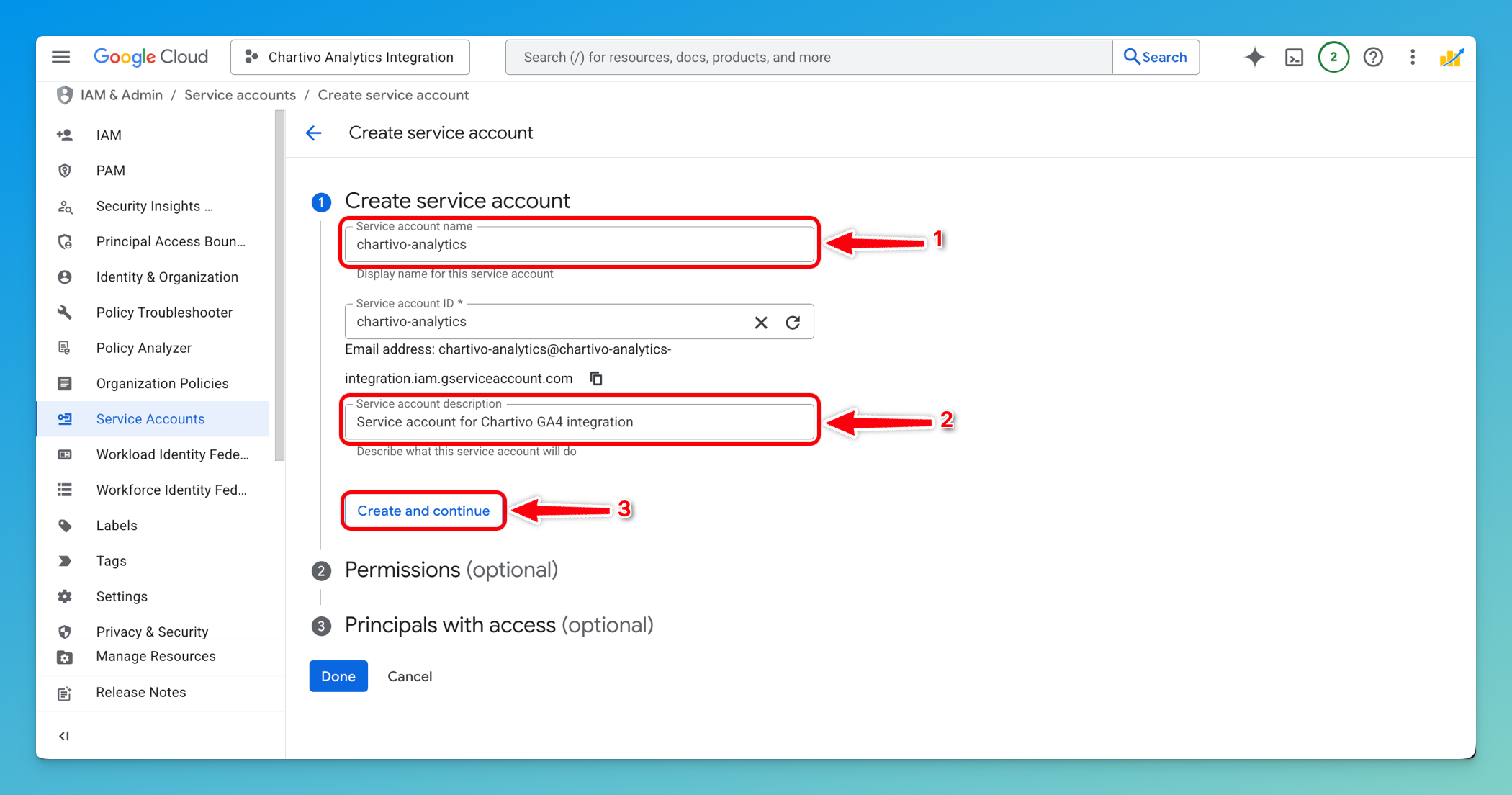 Service account creation form with name chartivo-analytics and auto-populated ID