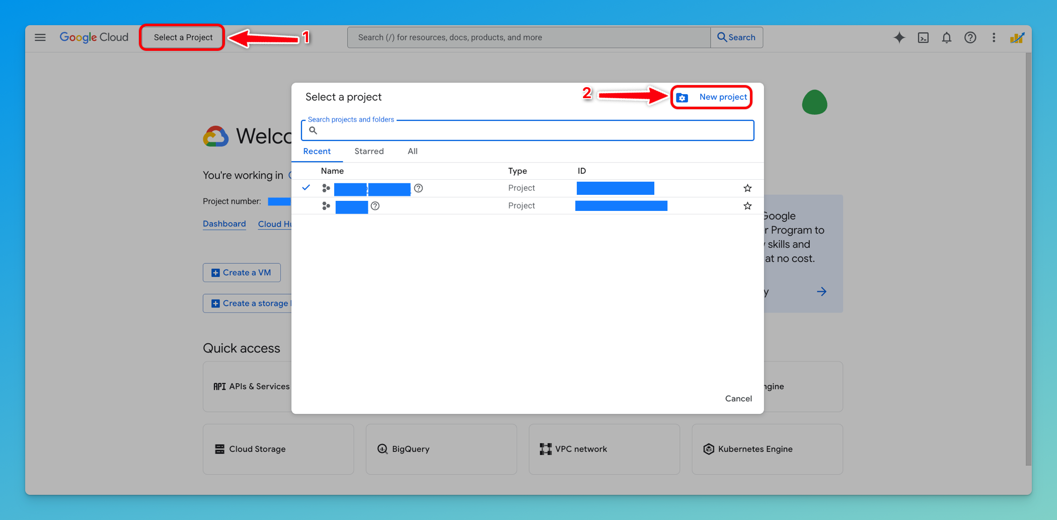 Google Cloud Console project selector dropdown showing "New Project" option