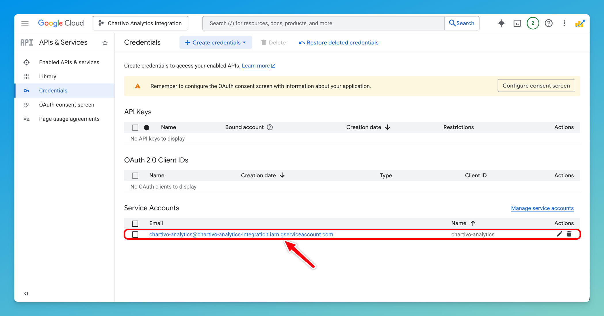 Google Cloud Credentials page showing the newly created service account in the list