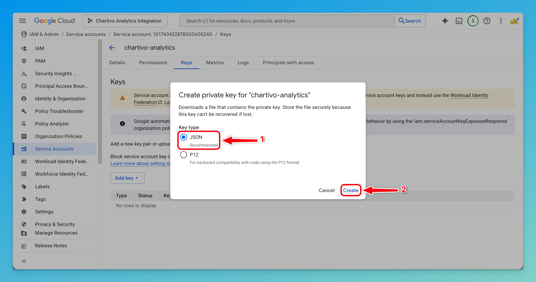 Create private key dialog with JSON key type selected