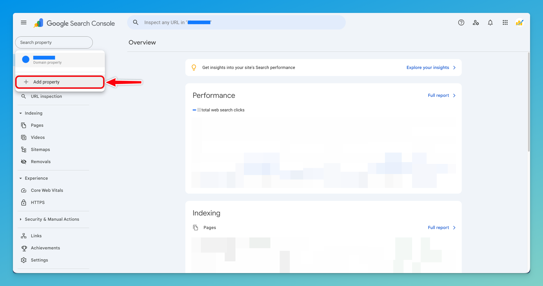 Google Search Console property selector with Add Property button
