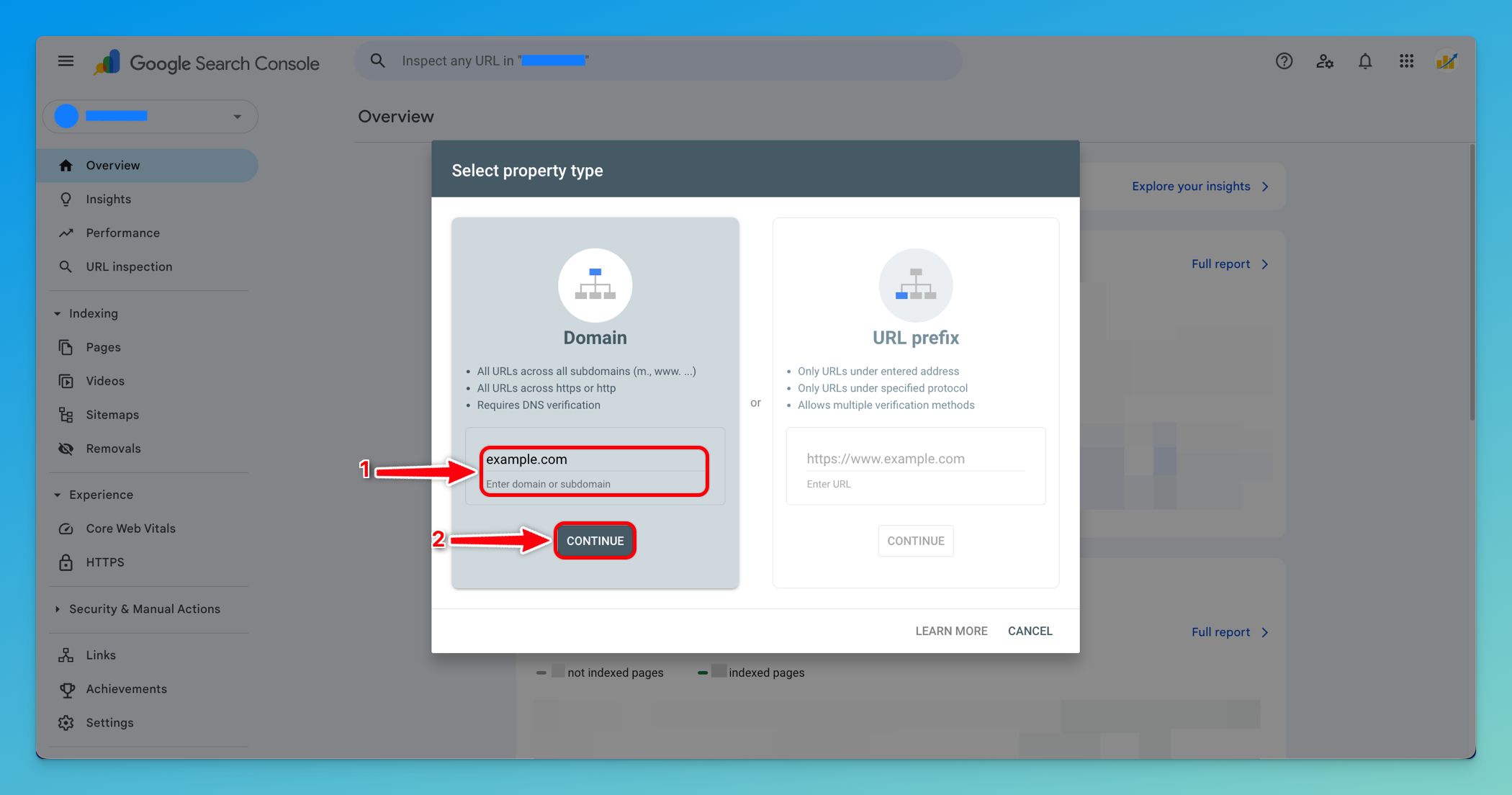 Google Search Console Add Property screen showing Domain and URL prefix property type options