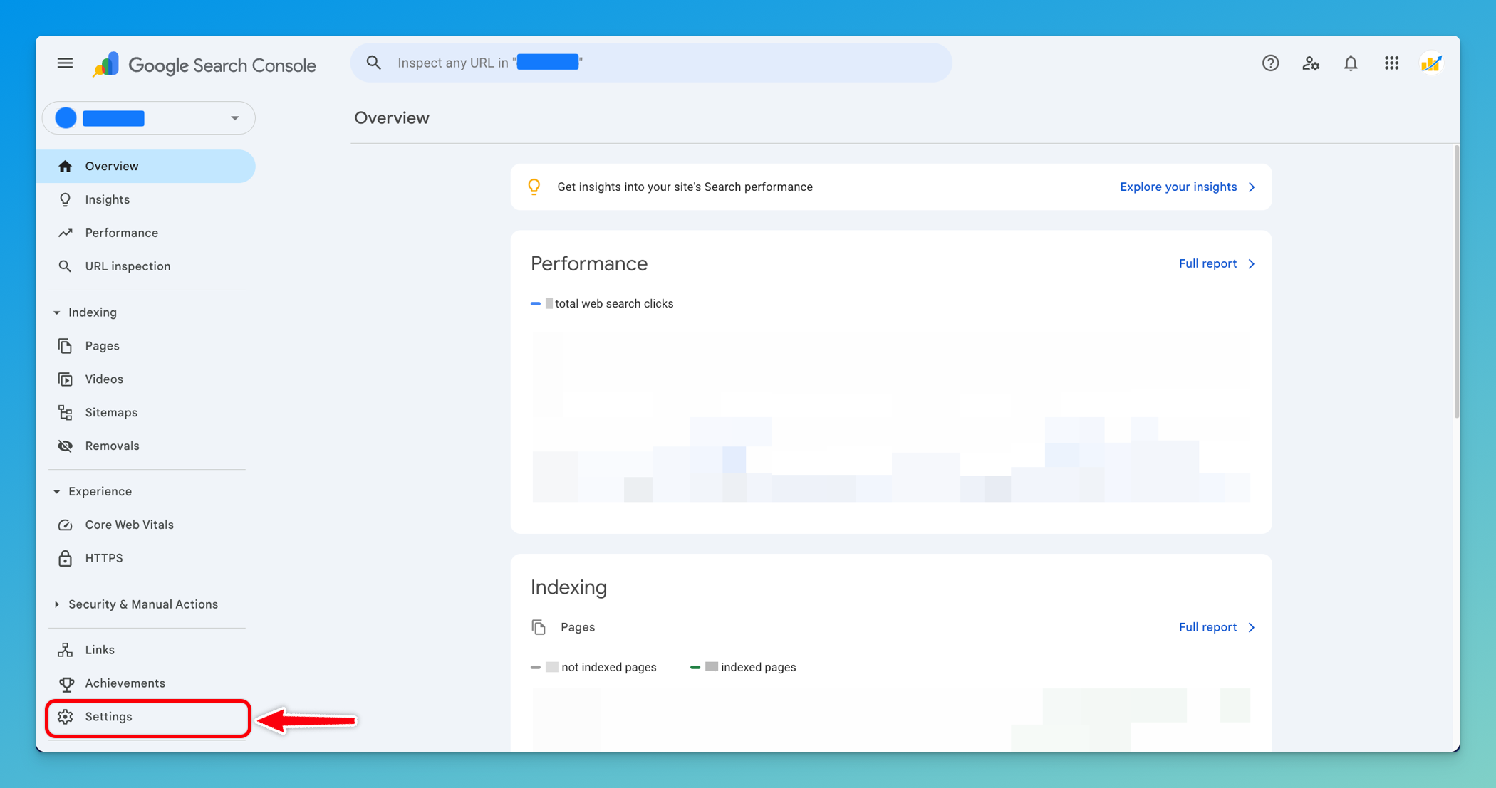 Google Search Console left sidebar with Settings gear icon highlighted