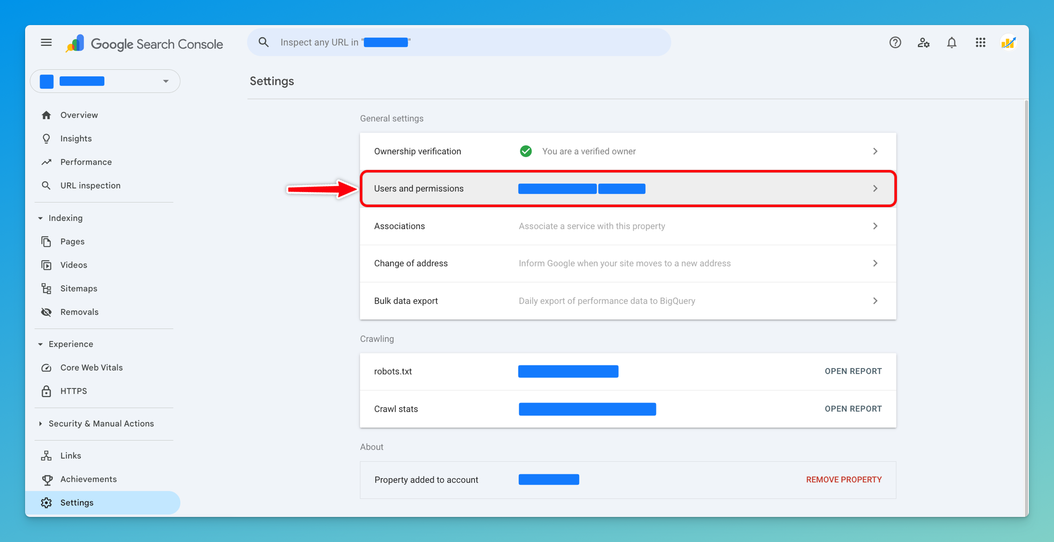 Google Search Console Settings page with "Users and permissions" selected in the left menu and "Add User" button highlighted in the top right