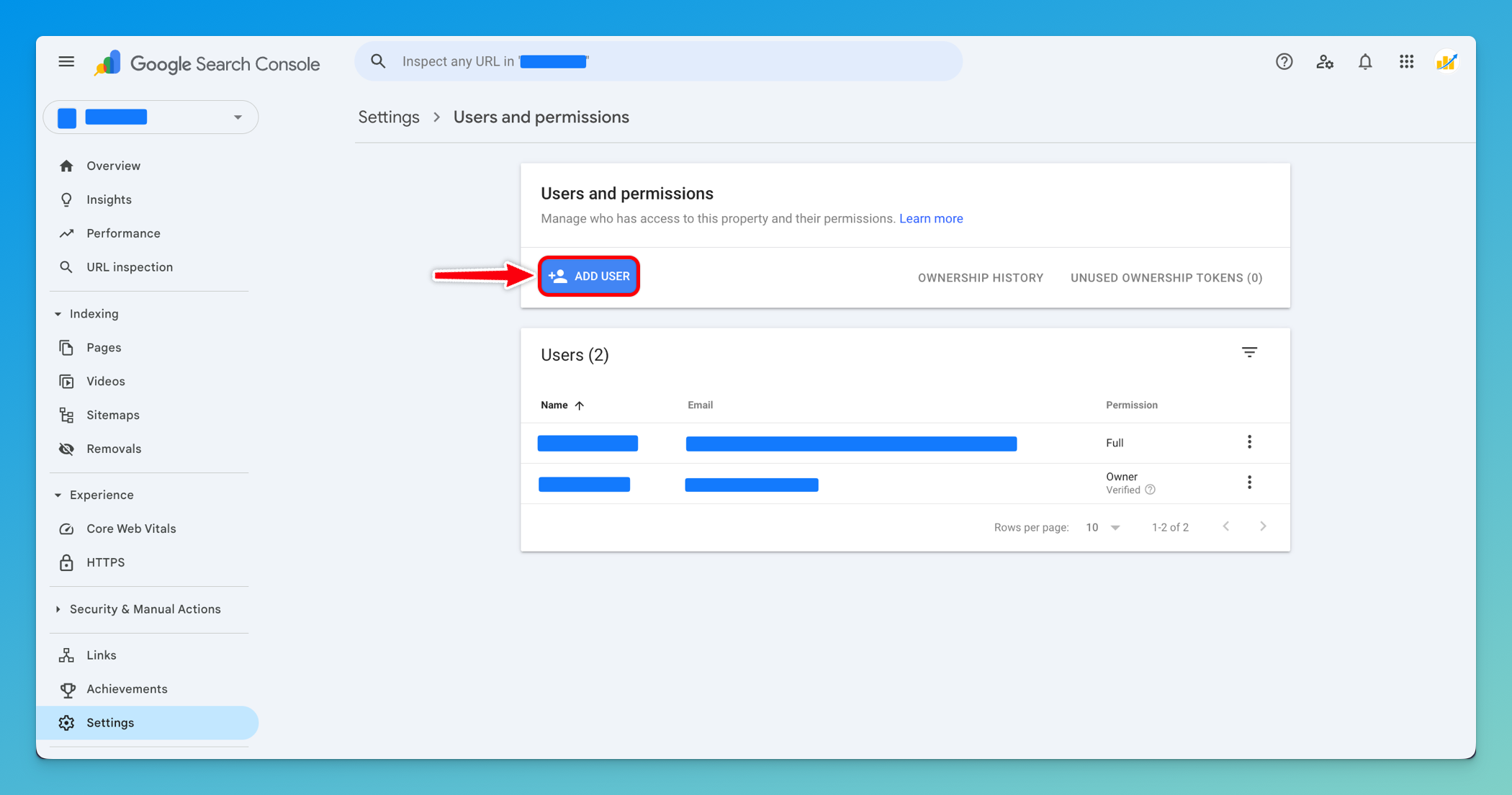 Google Search Console Users and permissions page with "Add User" button highlighted in the top right