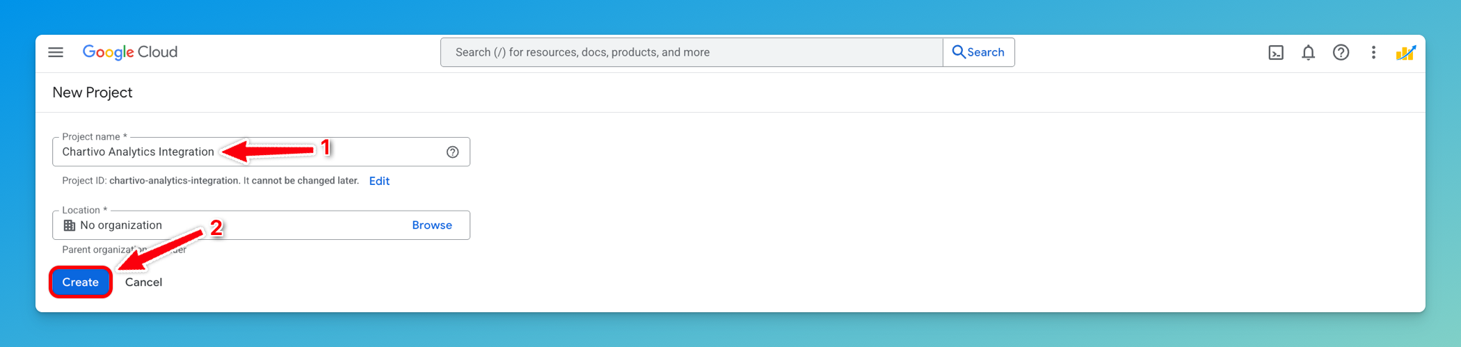 Google Cloud New Project dialog with project name field and Create button