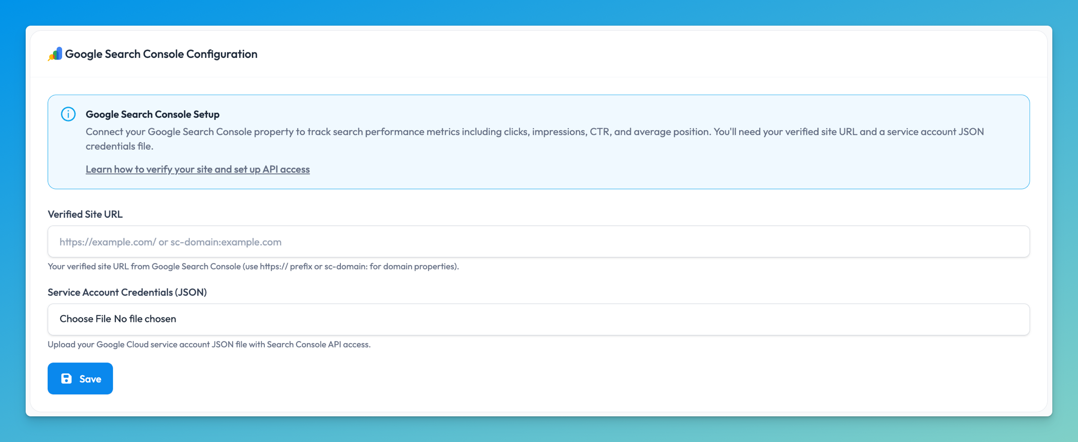 Chartivo Integrations page with Google Search Console Configuration card highlighted