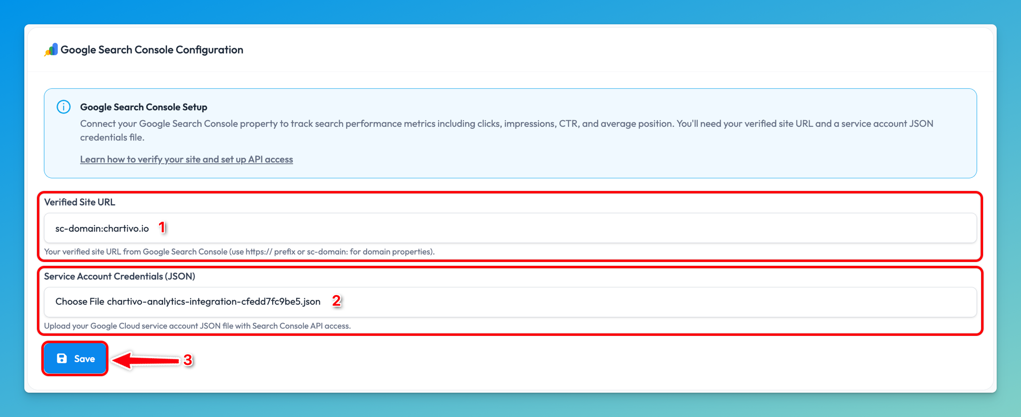 Chartivo Google Search Console configuration form with Site URL field and Save button