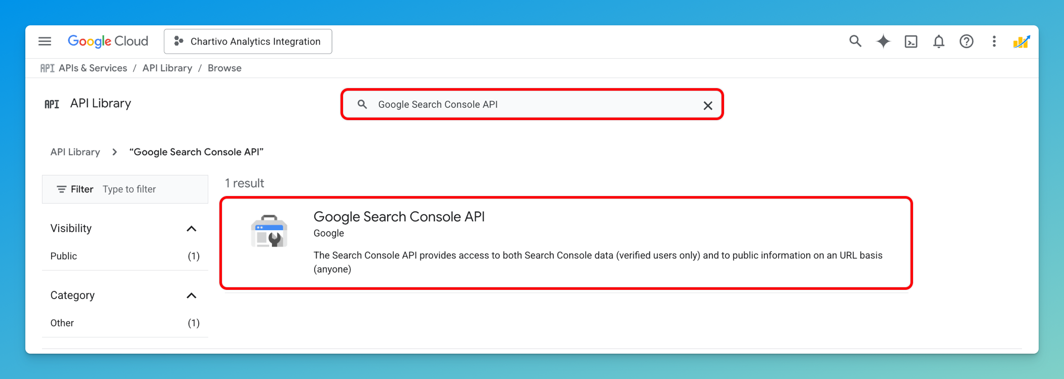 Google Cloud API Library search results showing Google Search Console API