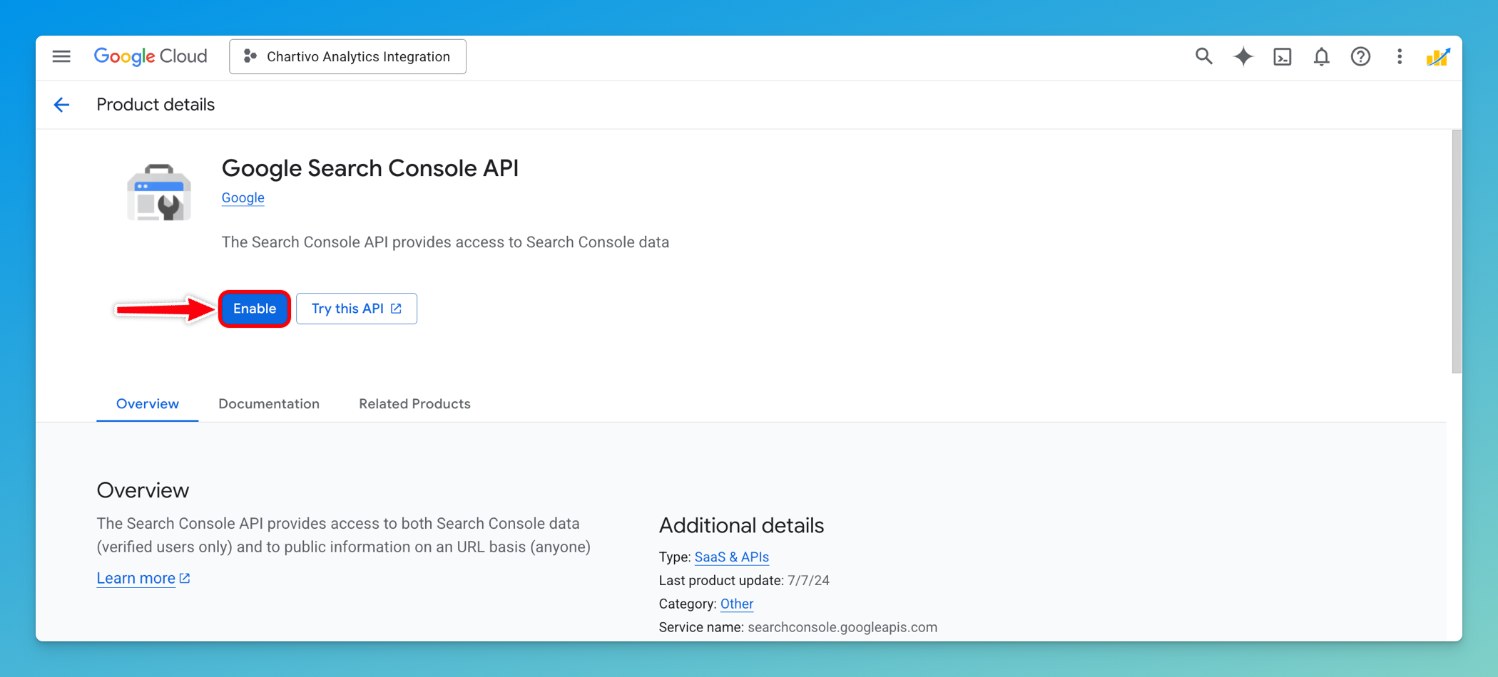 Google Search Console API page with blue Enable button