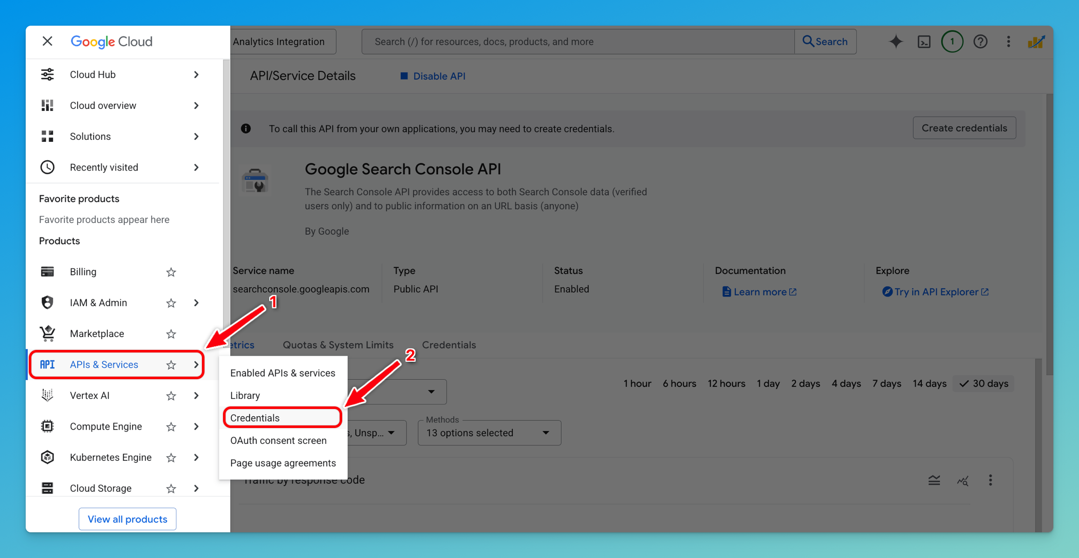 Google Cloud navigation menu showing "Credentials" button