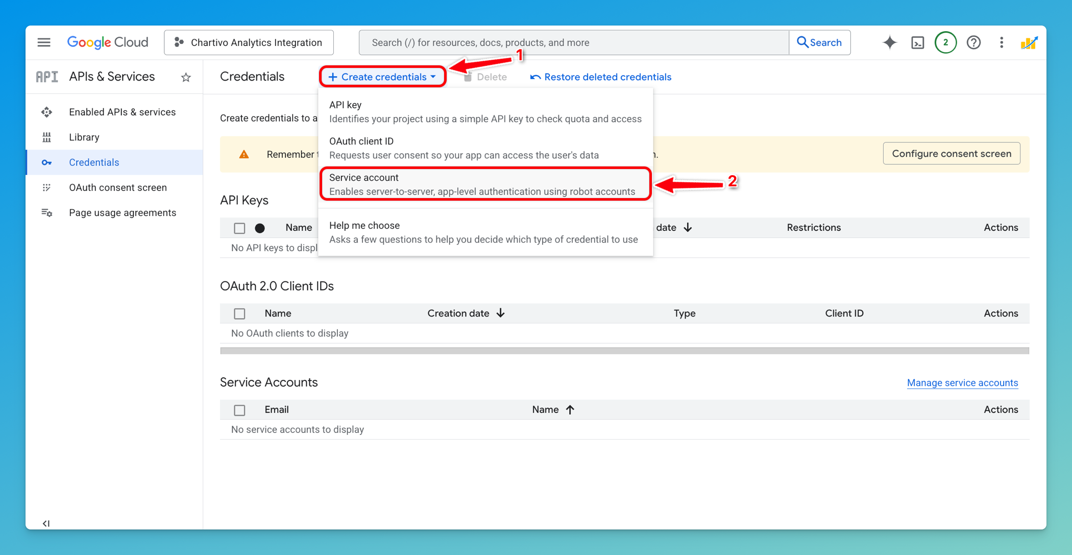 Create Credentials dropdown menu with Service Account option highlighted