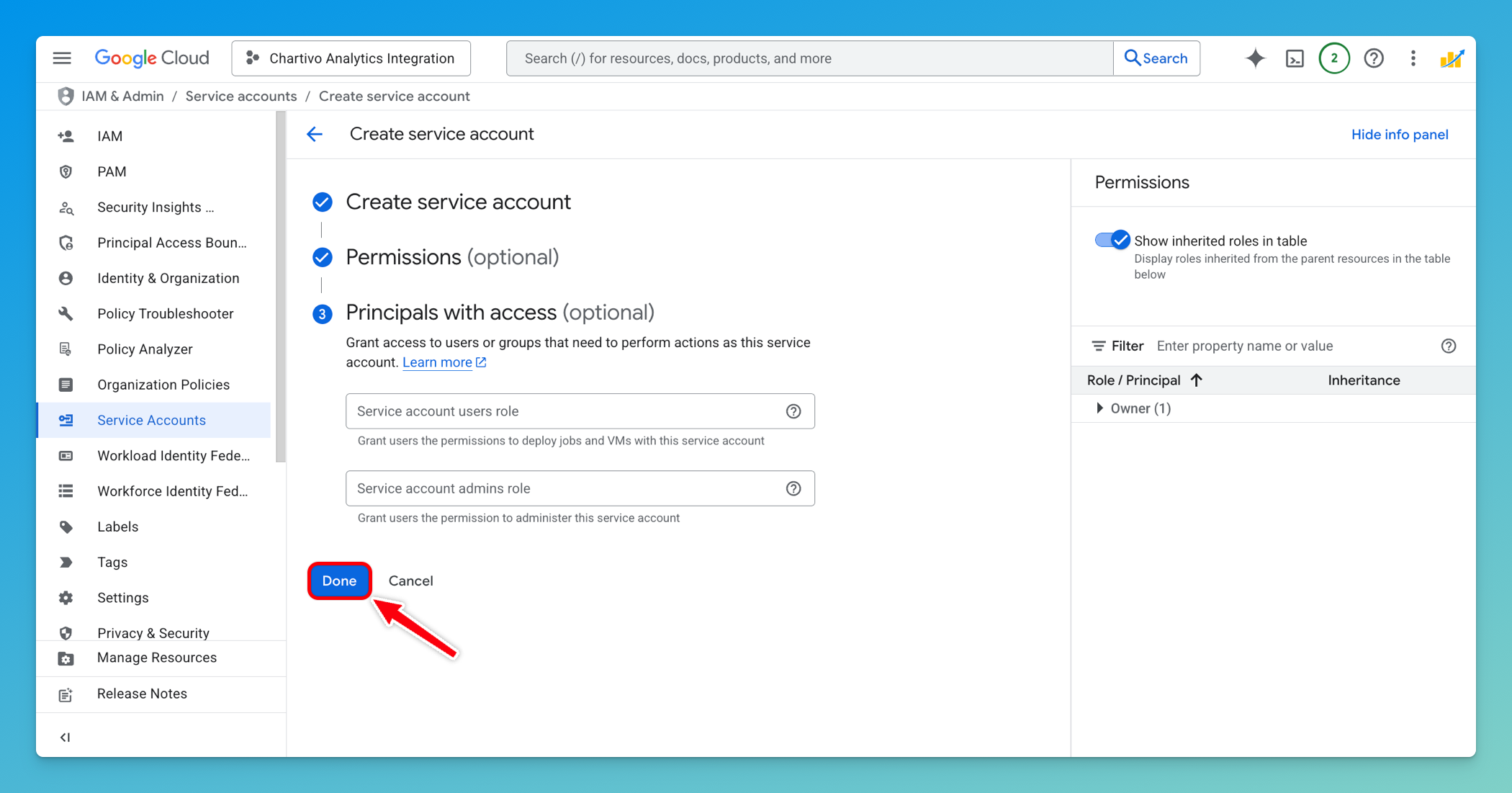 Service account permissions screen with "Done" button to finish the steps