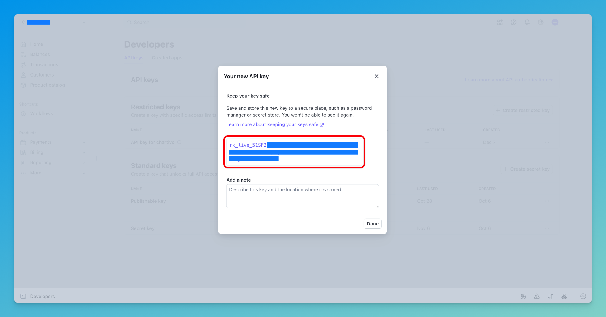 New API key generated and displayed