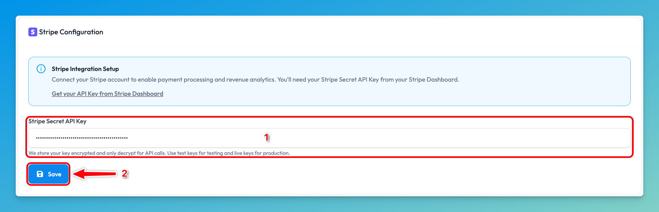 Chartivo Stripe Configuration form with the Stripe Secret API Key field filled and masked with dots