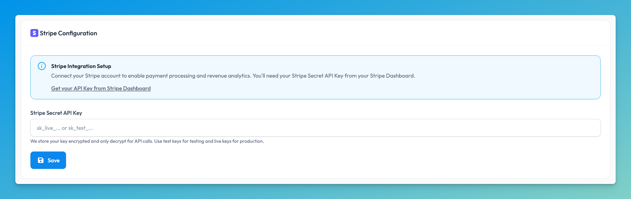 Stripe integration section in the "Integrations" page