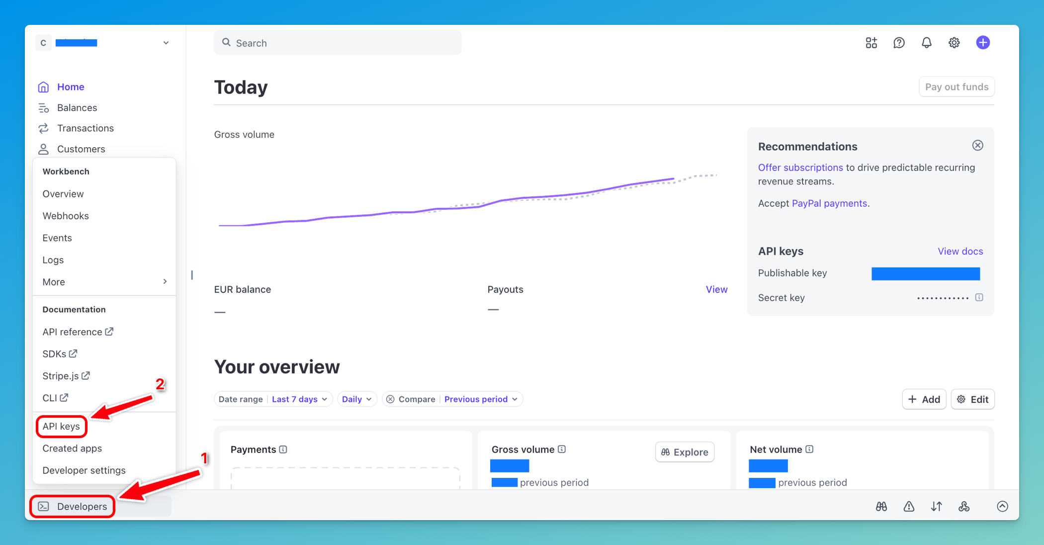 Developers menu opened with API keys section highlighted