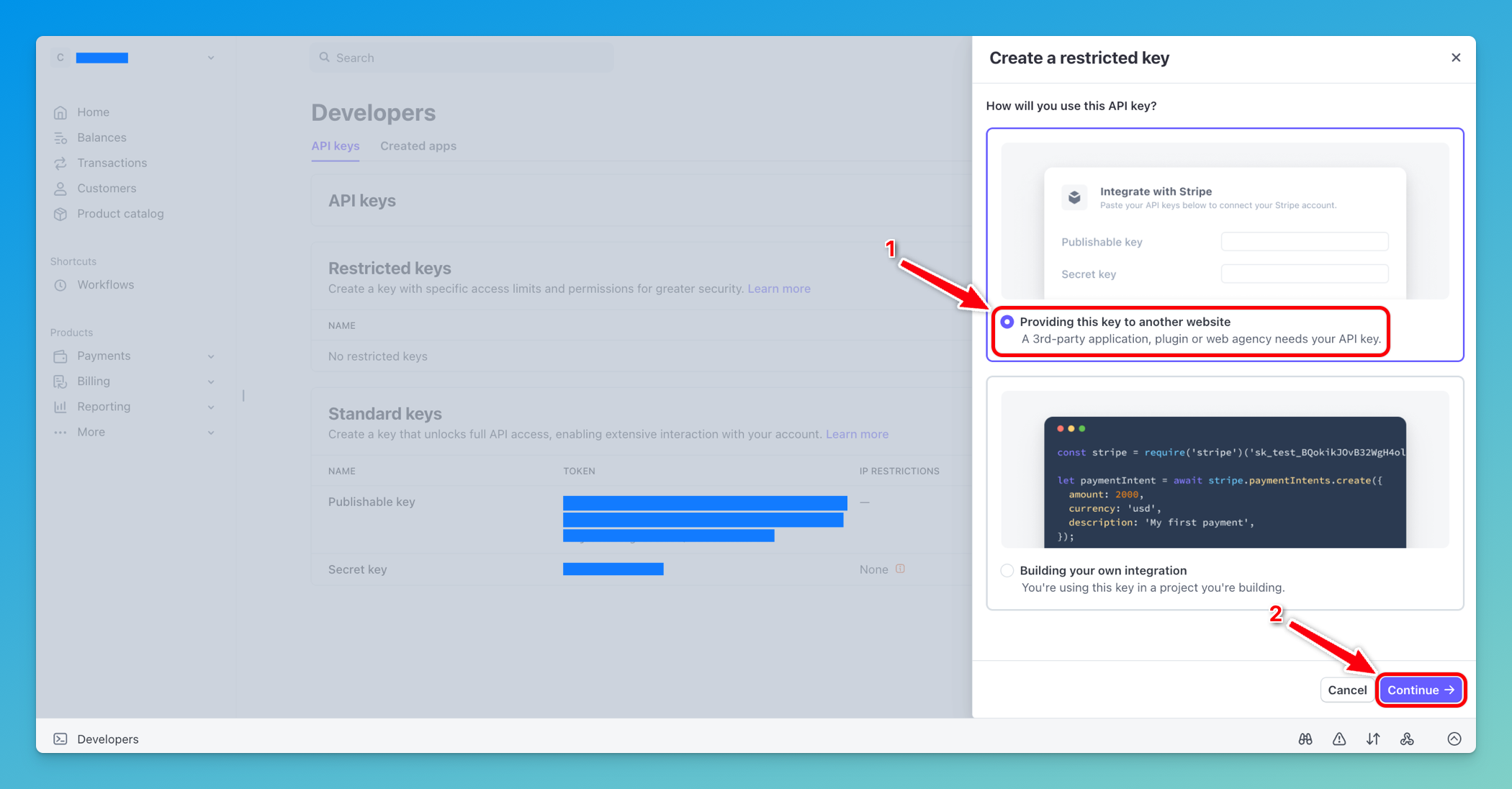 Choose providing this key to another website
