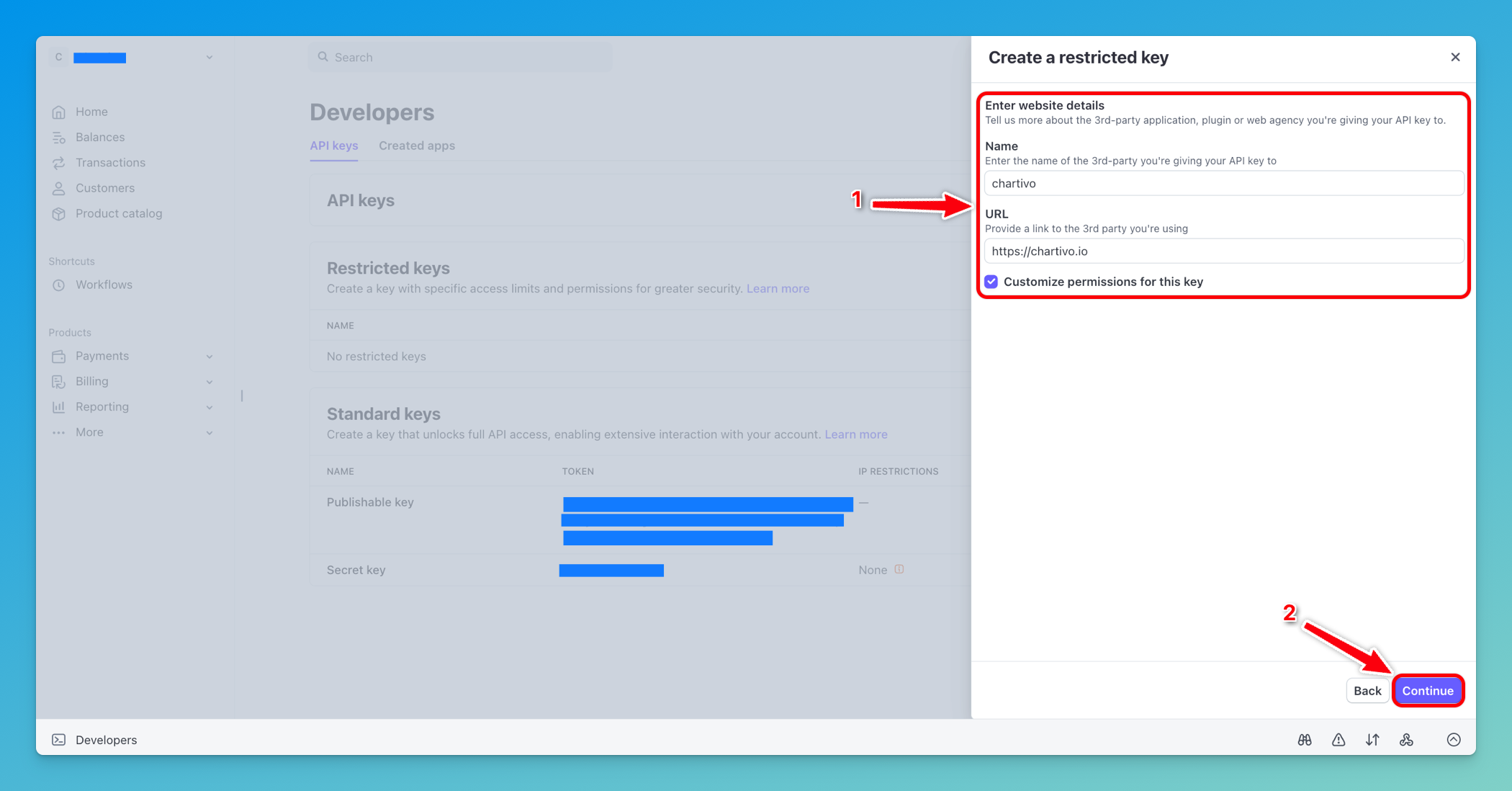 Fill the Name field with a name for your key and add https://chartivo.io in the URL field