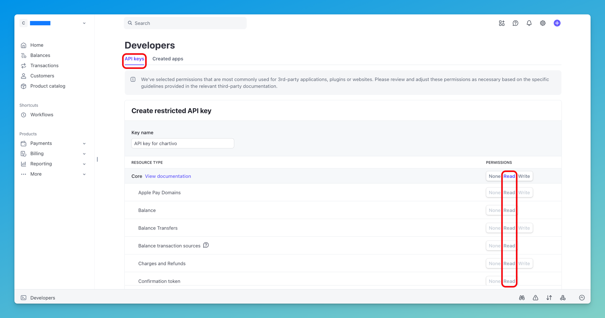 API Keys tab with Read permission selected for all resource types