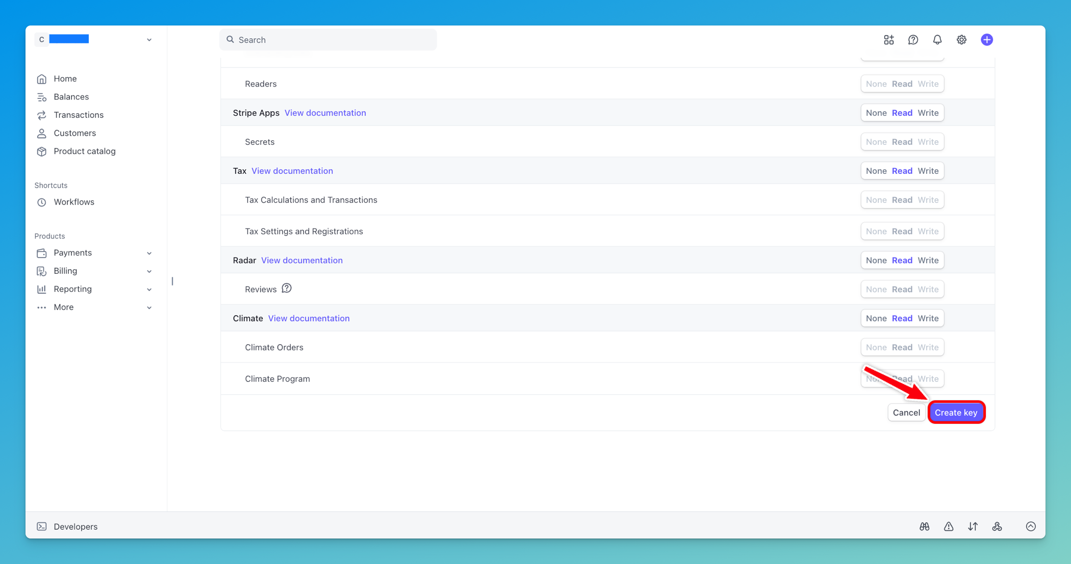 API Keys tab with Read permission selected for all resource types and Click Continue button highlighted